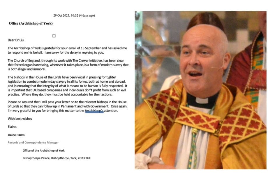 英國約克大主教：活摘器官是邪惡行徑 呼籲立法制止
